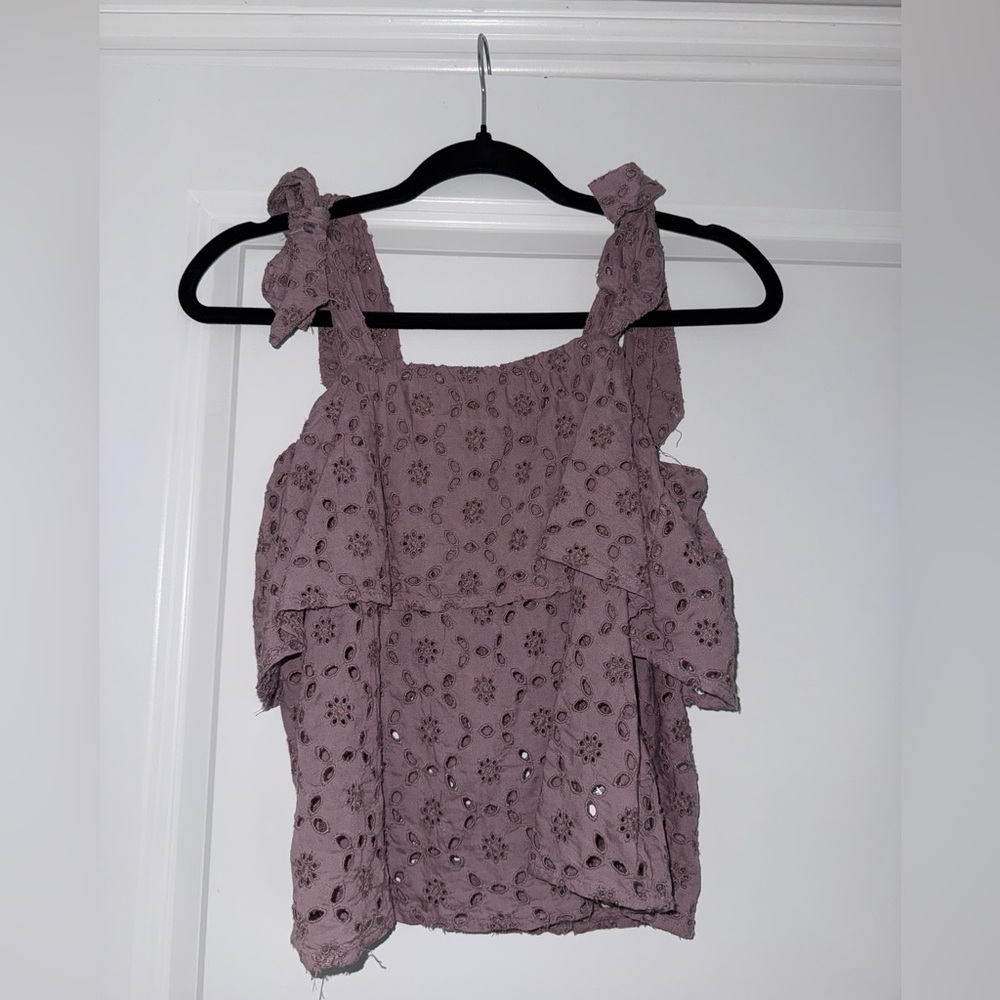 Mauve Eyelet Ruffle Tie-Shoulder Tank Small